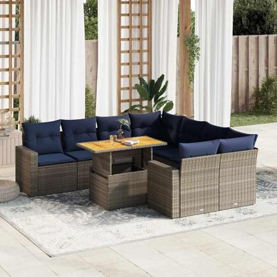 9-delige Loungeset met kussens poly rattan grijs