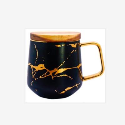 Marmer matte Gold serie keramische Thee beker koffiemok met houten deksel of lade (zwart met deksel)