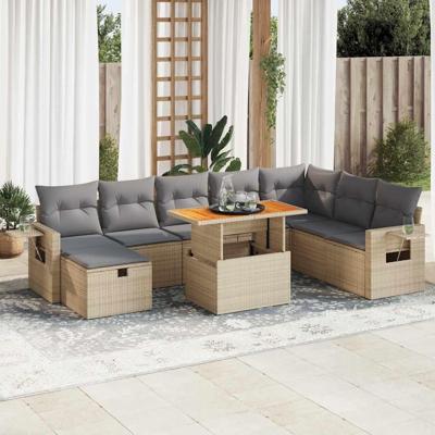 9-delige Loungeset met kussens poly rattan acacia beige
