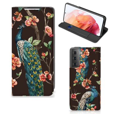 Samsung Galaxy S21 Hoesje maken Pauw met Bloemen Samsung Galaxy S21 Hoesje maken Pauw met Bloemen