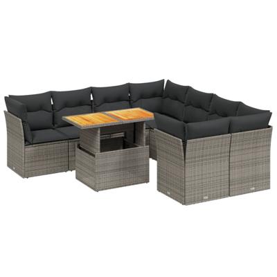 9-delige Loungeset met kussens poly rattan grijs