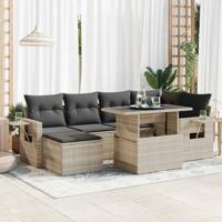 7-delige Loungeset met kussens poly rattan lichtgrijs - thumbnail