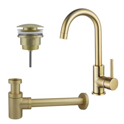 Fortifura Calvi Wastafelkraanset - hoge wastafelkraan - draaibare uitloop - klikwaste plug - verlaagde design sifon - Geborsteld Messing PVD (Goud) SW809349/SW696202/SW696218