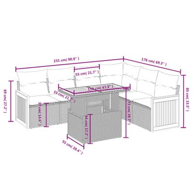 7-delige Loungeset met kussens poly rattan zwart