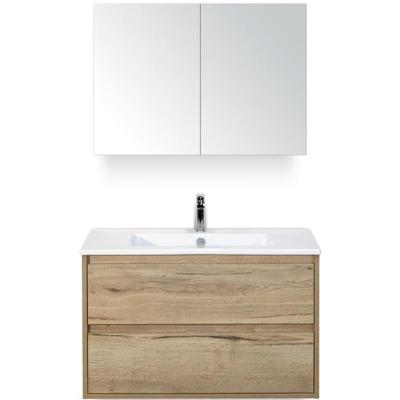 Porto Badmeubelset 90 cm - Natuur Eiken - Keramische Wastafel Wit Slim met Spiegelkast