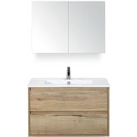 Porto Badmeubelset 90 cm - Natuur Eiken - Keramische Wastafel Wit Slim met Spiegelkast - thumbnail