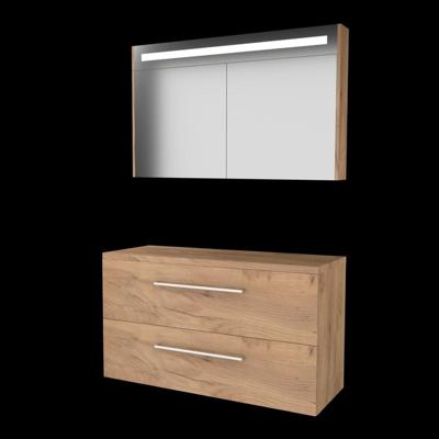 Basic-Line Premium 46 Badkamermeubelset - 120 x 46 cm - Met Grepen - 2 Lades - Wastafelblad - Spiegelkast met LED Verlichting - Whisky Oak