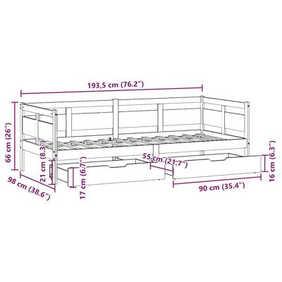 Slaapbank met lades 80x200 cm massief grenenhout