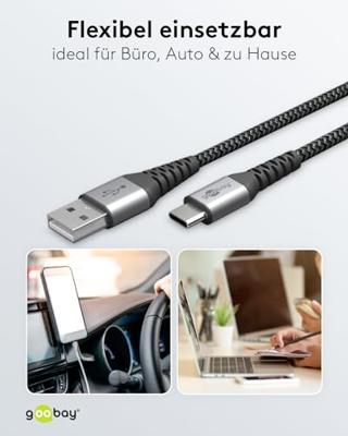 goobay USB-C naar USB-A textielkabel met metalen aansluitingen