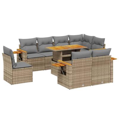 9-delige Loungeset met kussens poly rattan acacia beige