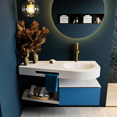 MONDIAZ RIVA 120cm badmeubel onderkast / planchet kleur Jeans met 1 lade. Wastafel DULCET rechts 1 kraangat kleur Talc.