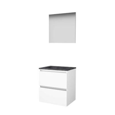 Basic-Line Basic 46 Badkamermeubelset - 60 x 46 cm - Greeploos - 2 Lades - Hardstenen Wastafel - Zonder Kraangat - Spiegel - Ice White