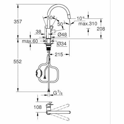 Grohe Start Loop Keukenkraan - 1-gats - hoge draaibare uittrekbare uitloop- voorsprong 21.5cm - open greep - chroom 30556000 - thumbnail