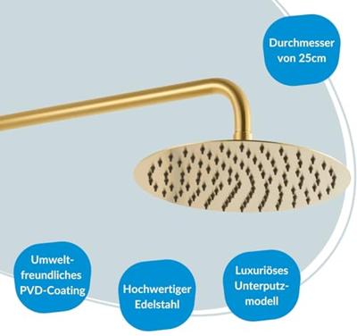 Hoofddouche Qisani Flow met wanddouchearm Ø 25 cm Geborsteld Goud Hoofddouche Qisani Flow met wanddouchearm Ø 25 cm Geborsteld Goud