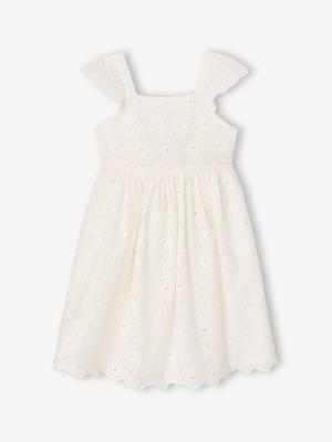 Jurk voor meisjes met Engels borduurwerk van katoen wit