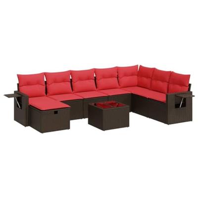 9-delige Loungeset met kussens poly rattan bruin