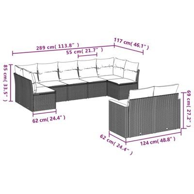 9-delige Loungeset met kussens poly rattan grijs