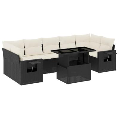 8-delige Loungeset met kussens poly rattan zwart - thumbnail