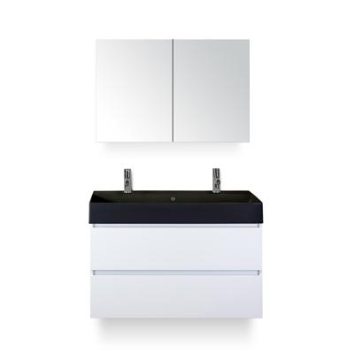 Maxx XL Badmeubelset 100 cm - Wit Hoogglans - Wastafel Kube Zwart 2 kraangaten - met Spiegelkast