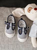 Canvas babyschoentjes met enkelbandje blauw, gestreept - thumbnail