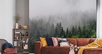 Fotobehang - Bomen in de mist, Bos, groen/grijs, Vinyl behang, 11 maten, Premium Print, inclusief behanglijm, eenvoudig aan te brengen
