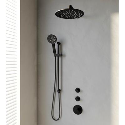 Thermostatische inbouw regendouche set 22 - 30 cm douchekop - gebogen muurarm - 3-standen handdouche - doucheslang - geïntegreerde glijstang - mat zwart