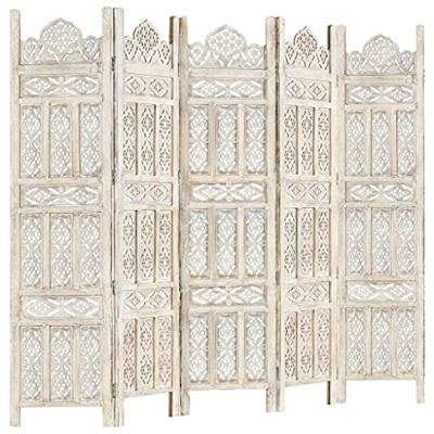 Kamerscherm met 5 panelen handgesneden 200x165 cm mangohout wit Kamerscherm met 5 panelen handgesneden 200x165 cm mangohout wit