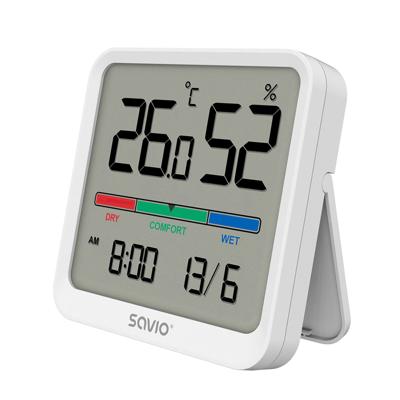 SAVIO Draadloos weerstation, temperatuur- en vochtigheidssensor, voor gebruik binnenshuis, LCD-scherm, klok, datum, handgreep met magneet, CT-01/W Wit SAVIO Draadloos weerstation, temperatuur- en vochtigheidssensor, voor gebruik binnenshuis, LCD-scherm, klok, datum, handgreep met magneet, CT-01/W Wit
