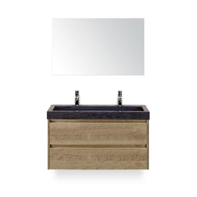 Dante Badmeubelset 100 cm - Natuur Eiken - Wastafel Hardsteen Wit Lucca 2 kraangaten - met Spiegel