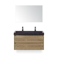 Dante Badmeubelset 100 cm - Natuur Eiken - Wastafel Hardsteen Wit Lucca 2 kraangaten - met Spiegel - thumbnail