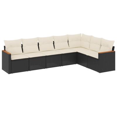 7-delige Loungeset met kussens poly rattan zwart