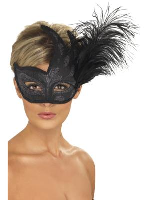 Oogmasker Venetië Zwart met veren Oogmasker Venetië Zwart met veren