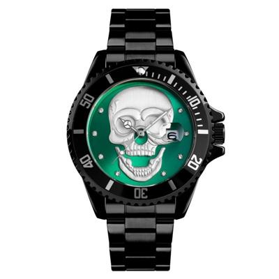 SKMEI 9195 mode water-ingelegde boor schedel nachtlampje waterdichte quartz horloge stalen strip horloge voor mannen (zwart groen)