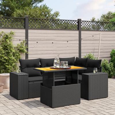 5-delige Loungeset met kussens poly rattan zwart