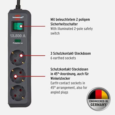 Brennenstuhl 1158810315 Eco-Line PDU Stekkerdoos 3 Sockets met Schakelaar en Overspanningsbeveiliging Zwart -1,5 meter