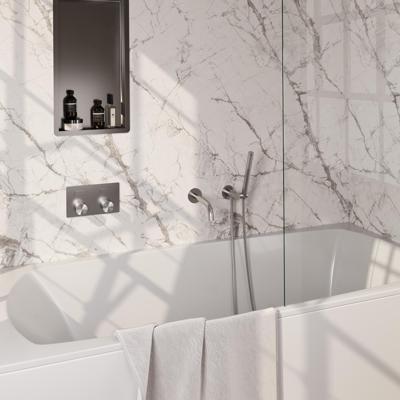 Brauer Stripe thermostatische inbouw badkraan met drukknoppen SET 03 met uitloop en staaf handdouche en doucheslang en wandaansluitbocht RVS-kleurig geborsteld PVD