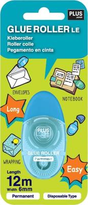 PLUS lijmroller, 6 mm x 12 m, blauw, blister van 1 stuk