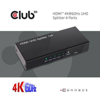 Club 3D hdmi 2.0 uhd splitter 4 ports hdmi splitter (zwart)