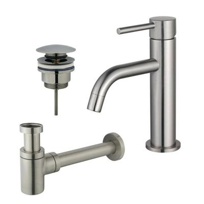 Fortifura Calvi Slim Wastafelkraanset - lage wastafelkraan - klikwaste plug - verlaagde design sifon - Geborsteld RVS PVD (RVS) SW377858/SW696201/SW696217