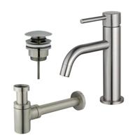 Fortifura Calvi Slim Wastafelkraanset - lage wastafelkraan - klikwaste plug - verlaagde design sifon - Geborsteld RVS PVD (RVS) SW377858/SW696201/SW696217 - thumbnail