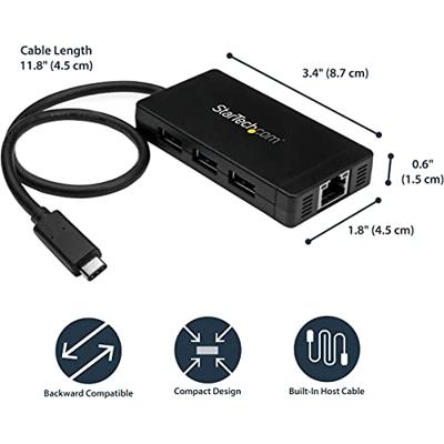 StarTech.com 3 poorts USB C naar USB-A hub met Gigabit Ethernet - USB-C naar 3x USB-A - USB 3.0 (5Gbps) - Inclusief voedingsadapter