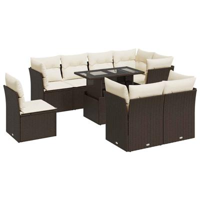9-delige Loungeset met kussens poly rattan bruin