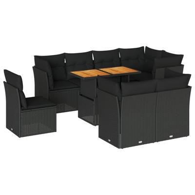 9-delige Loungeset met kussens poly rattan zwart