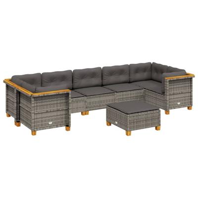 8-delige Loungeset met kussens poly rattan grijs
