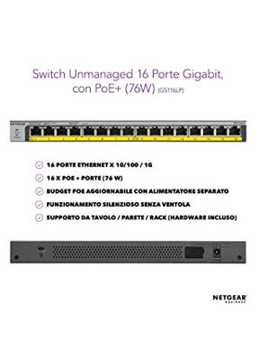 Netgear gs116lp 16-port poe/poe+ gigabit ethernet unmanaged switch