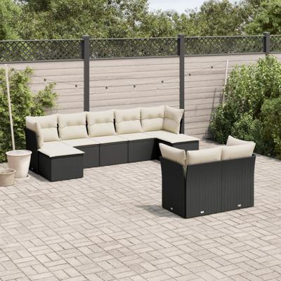 10-delige Loungeset met kussens poly rattan zwart - thumbnail