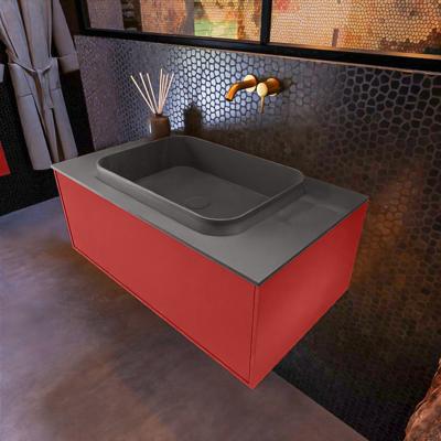 Badkamermeubelset Mondiaz Erin 80 cm met 1 Lade met RIDGE Wastafel Midden Dark grey Zonder Kraangaten Greeploos Mat Fire