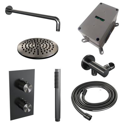 Regendoucheset Inbouw Brauer Gunmetal Carving Thermostatisch 20 cm met 3-Weg Omstelling, Gebogen Wandarm en Staaf Handdouche Geborsteld Gunmetal