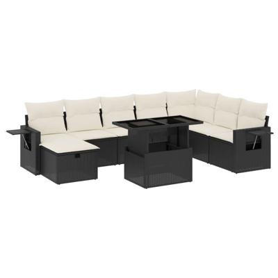 9-delige Loungeset met kussens poly rattan zwart