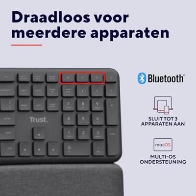 Trust keyra ergonomisch draadloos toetsenbord (zwart, us lay-out (qwerty), 100%, 2.4 ghz usb | bluetooth)